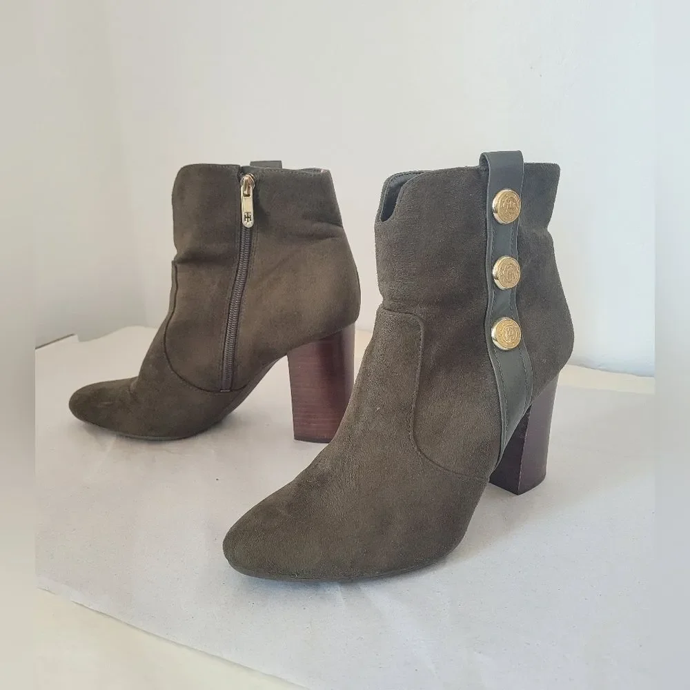 Tommy Hilfiger Olive Green Faux Suede Ankle Boots Gold Chunky Heel Zip Size 10